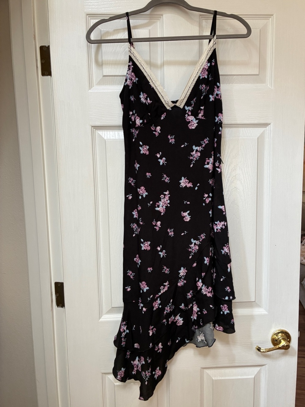 Black Floral Asymmetrical Dress with Lace Trim